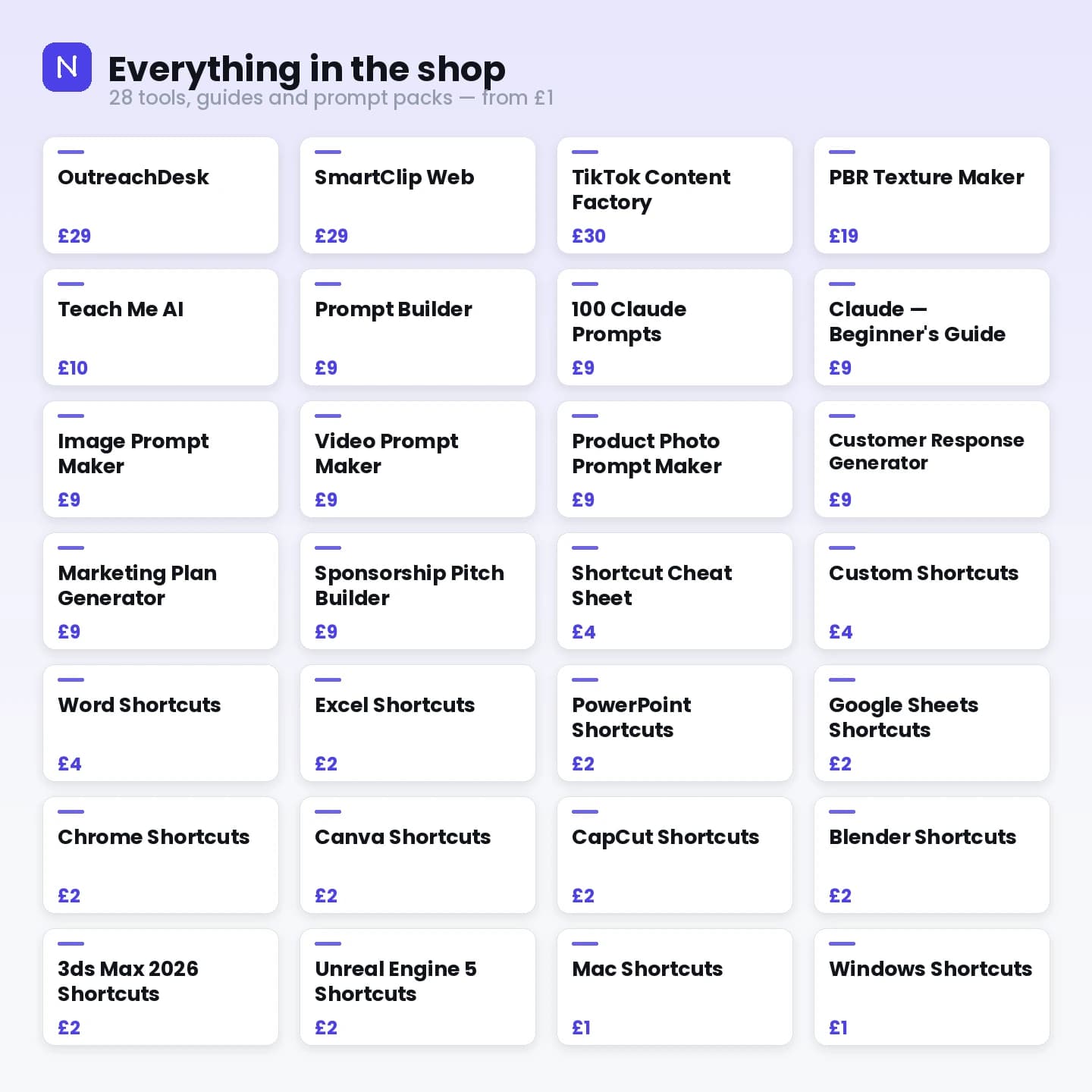 Every product NOVA sells, with prices